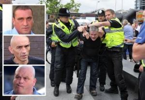 John Claydon is arrested during the EDL march in Hull on August 17. Inset, from top, Melvyn Parker, Wayne Douglas and David Bolton 