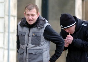Darren Stokoe and Stephen Brown leaving Sunderland Magistrates' Court after pleading guilty to offences commited at an anti-mosque protest in Millfield, Sunderland