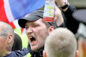 Wife beater David Knowles (R) at a Scottish Defence League Rally in Dundee last September