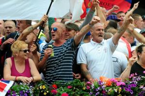 EDL supporters outside Bar Risa on Broad Street ahead of their rally in Centenary Square