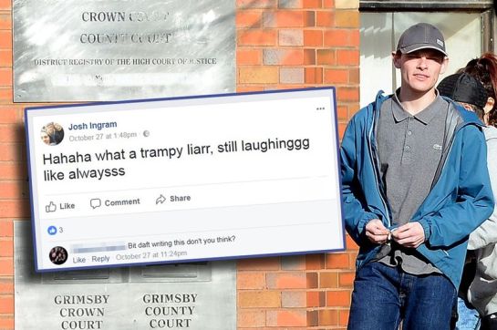 Joshua Ingram leaves Grimsby Crown Court minutes after a taunting post, inset, appeared on his Facebook page (Image: Grimsby Telegraph)