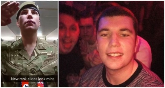 Graham Bolger making a Nazi salute in uniform, and right, back home in Dublin last year (Image: CPS)