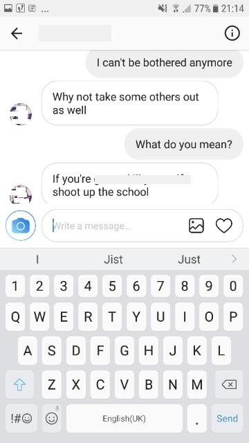 A chat between the teenagers in which they discuss plans to 'shoot up the school'