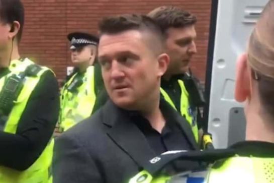 Tommy Robinson outside Leeds Crown Court. A screengrab from a video taken of Robinson as he was arrested by police.