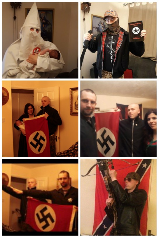 Top to bottom and left to right: Thomas in KKK robes holding son; Thomas with knife; Patatas & Thomas with son; Fletcher, Thomas & Patatas; Thomas & Fletcher; Thomas with crossbow